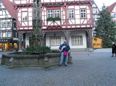 In Bad Urach, Bavaria, with our dog, BeeJay (disregard the pink bag). Dec. 06.