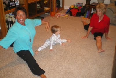 Rondi and grandson Beau doing chinese splits with his Nana on the other side