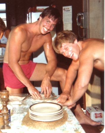 chris and mark playing with pizza dough at myrtle 1981