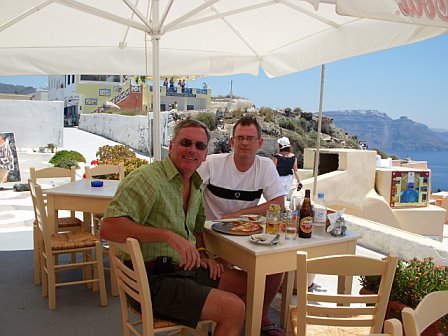 Having lunch with my son, Dave Jr., in Oia on Santorini