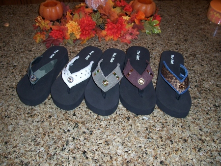 Denim Flip Flops with Crystal Button $45.00