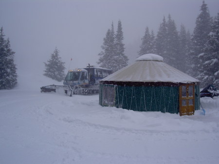 Our snowcat, Stella, and our beautiful yurt site