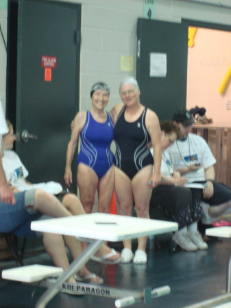 Evelyn (left) with swim buddy at Senior Games, July 29, 2007