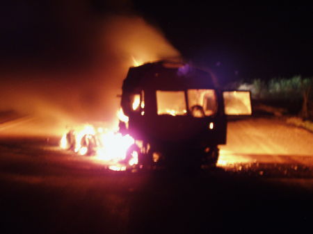 burning fuel tanker from IED