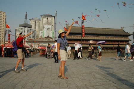 Flying kites on city wall of Xi'an, China