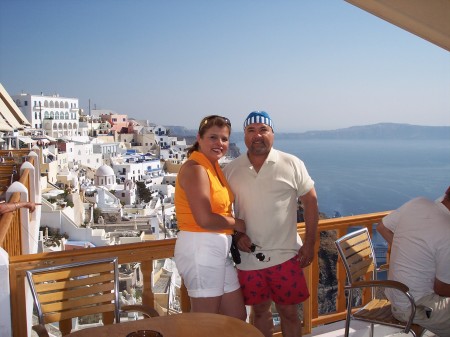 Letty and Abel in balcony at Santorini,Greece