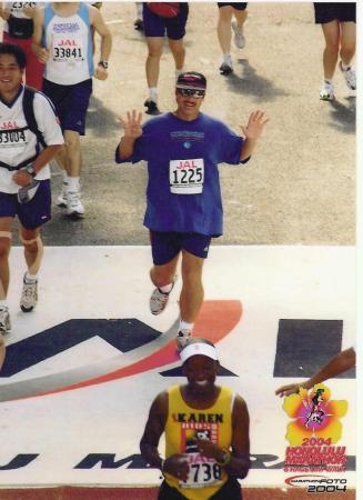 10th Marathon finish at age 45 (note fingers) - time 5:56 ugh- same time as my 1st one though.