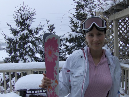 Getting ready to go out!  I LOVE my pink skis!