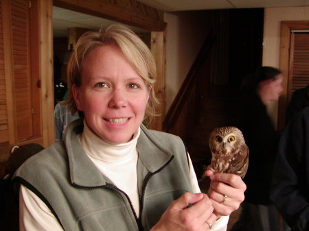 My Wife Holly with a Sawhet owl at Banding Night