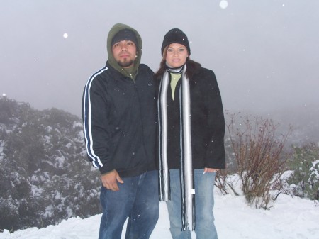 My husband and I in the snow