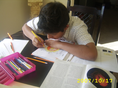 My son working on a science project.