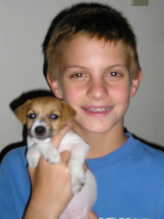 My son Austin with our jack russell puppy Cali - '06