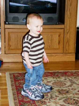 Ian walking in mommy's shoes