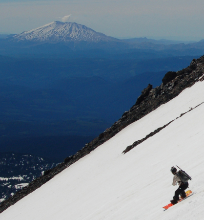Mt. Adams SW Chutes Descent(4000 vertical feet) with St. Helens in the background