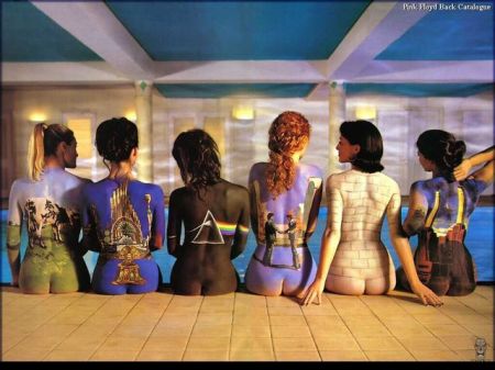 Models with Pink Floyd Album Covers Painted on their Backs