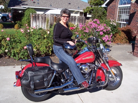 Linda on her Harley. 2005 Heritage Fireman Special Edition