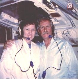 ME AND MY TECHNICIAN DURING REAL TIME SYSTEM TESTING INSIDE SPACE SHUTTLE ORBITER