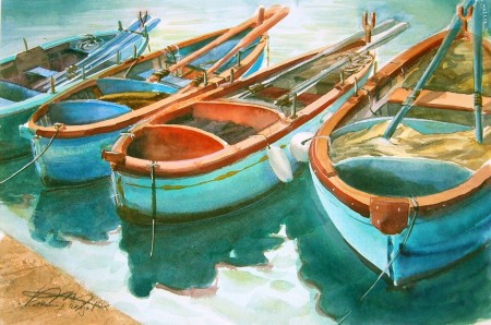 painting of boats in harbor