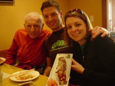 My awesome kids, Liz & Brian, with their grandpa (ex's dad) and some fine looking sushi in San Diego!