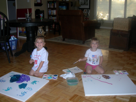 Sydney & Natalie painting a canvas with acrylics 10/07