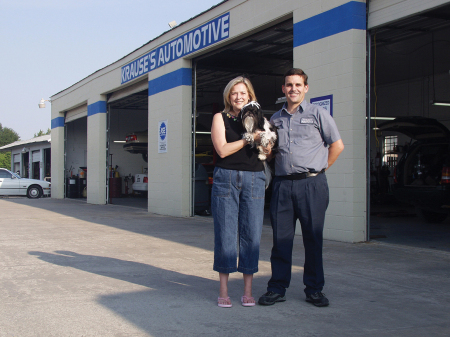 Karen, one of our puppies & I at our shop