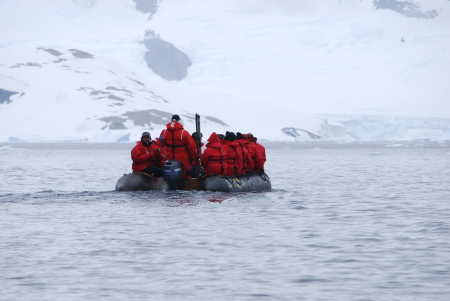 Riding in a zodiac in Antarctica