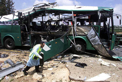 Our bus in Israel after suicide bombing