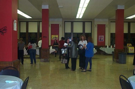 ladies are gathering in the cafeteria