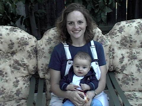 my wife and son on our patio