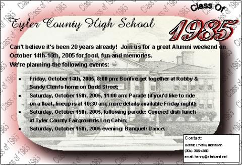 Tyler County High School Class of 1985 Reunion - Reunion Invitation