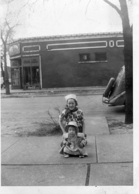 Helen Greenwood with Aunt Marge (MacLeod), Pool hall in background 1950