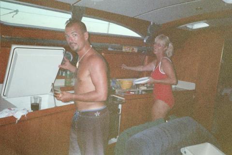 Jason & I in our 48' galley cooking.