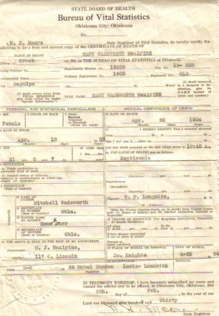 Mary Wadsworth's Birth Certificate