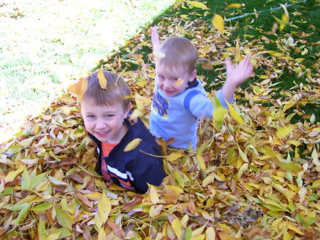 Boys playing in the Fall leaves. Oct 2008