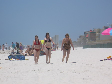 the  girls walking down the beach