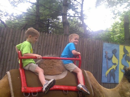 Liam & Luke riding a camel at the Phila. Zoo