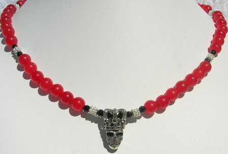 Sterling Silver Skull, Red Jade, Black Onyx