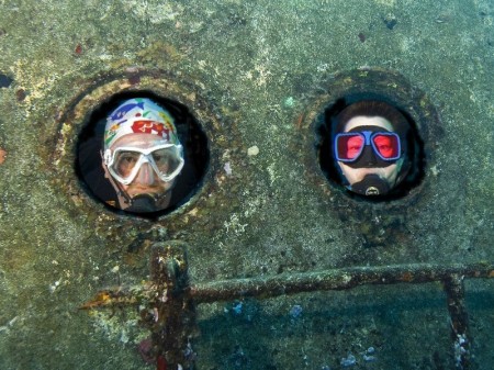 Peeking out of the wreck in Cozumel