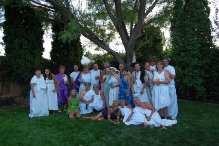 Group photo of Toga party in back yard