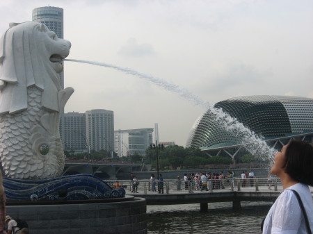 drinking from the merlion of Singapore