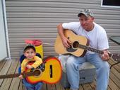 my hubby and son playing on the back deck.