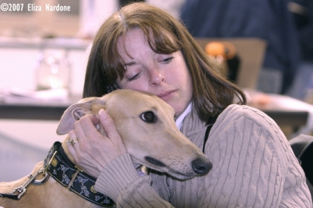 Dawn with one of our 3 greyhounds.