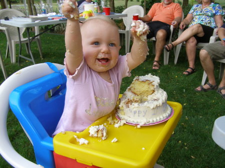 rachel cheering full of cake