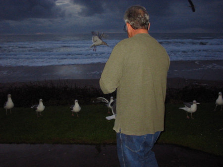 my hubby feeding birds at canook winds on the