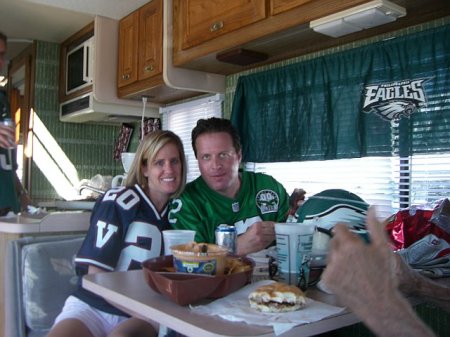 My wife and I in our RV at an Eagles game- '07