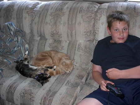 my youngest son Aaron and our cats