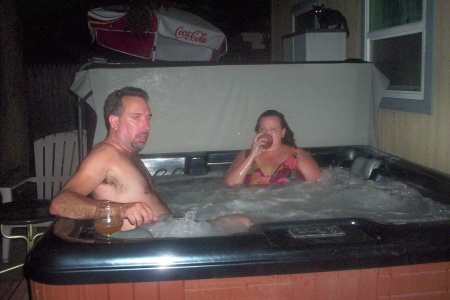 Rickand Me in hot tub having a good evening