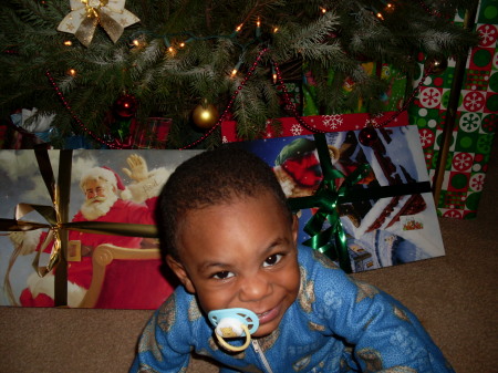 grandson taking over my christmas tree 2008