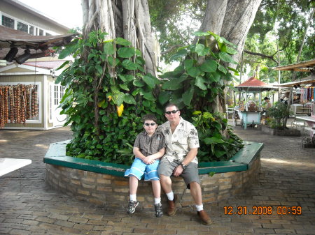 Luke & Dad under the Banyan tree in Maui