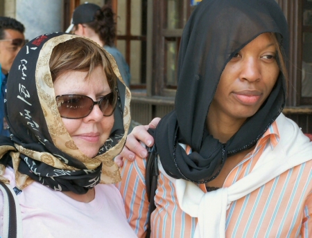Anne and Angela entering mosque in Turkey